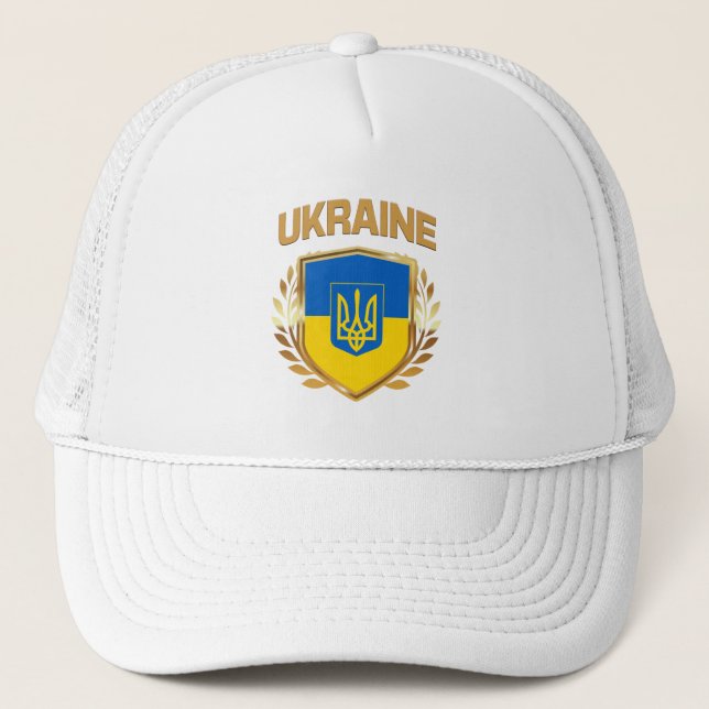 Ukraine Flag Shield & Emblem Trucker Hat (Front)
