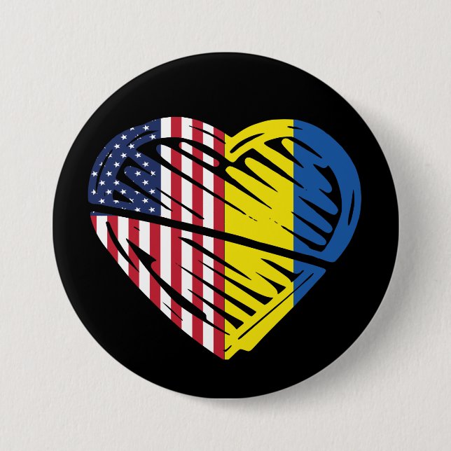 Ukraine Flag Solidarity USA American Flag Heart Button (Front)