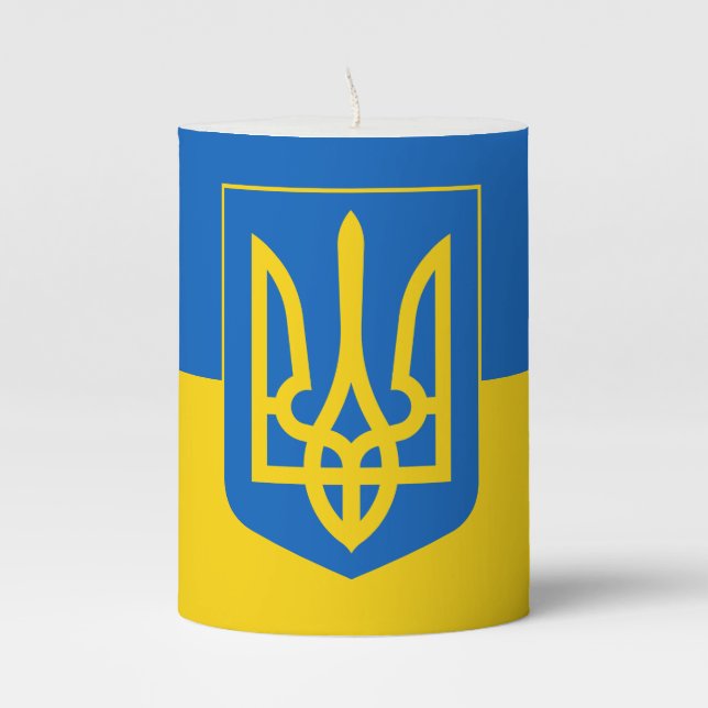 Ukraine Flag Trident Blue Yellow Ukrainian Pillar Candle (Front)