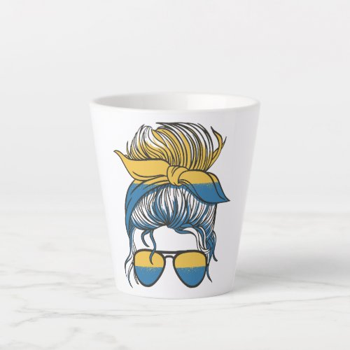 Ukraine flag woman messy bun design latte mug