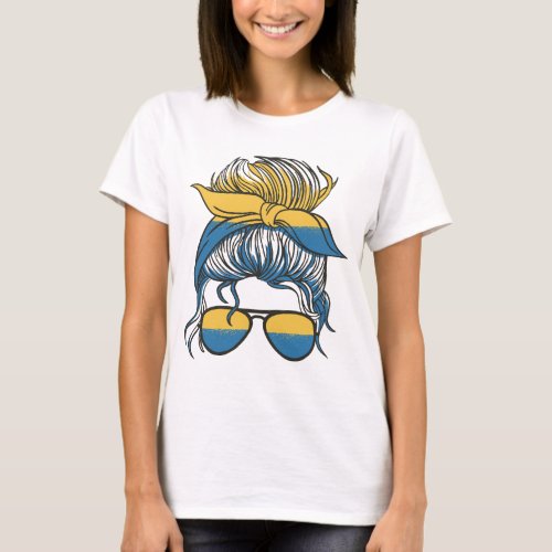 Ukraine flag woman messy bun design T_Shirt