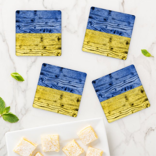Ukraine flag yellow blue wood texture pattern coaster set (In Situ)