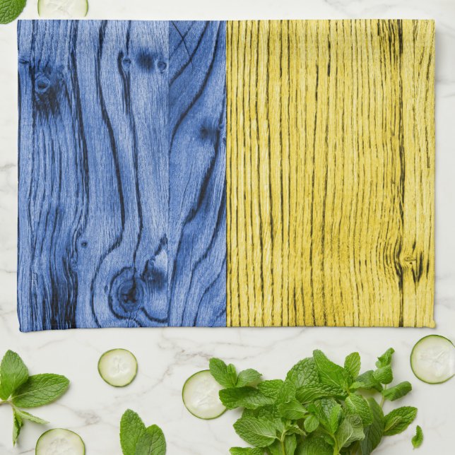 Ukraine flag yellow blue wood texture pattern kitchen towel (Folded)