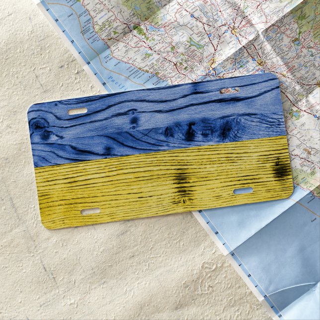 Ukraine flag yellow blue wood texture pattern license plate (In Situ)