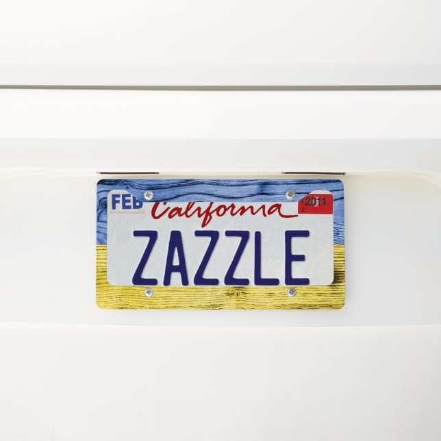 Ukraine flag yellow blue wood texture pattern license plate frame (On Car)