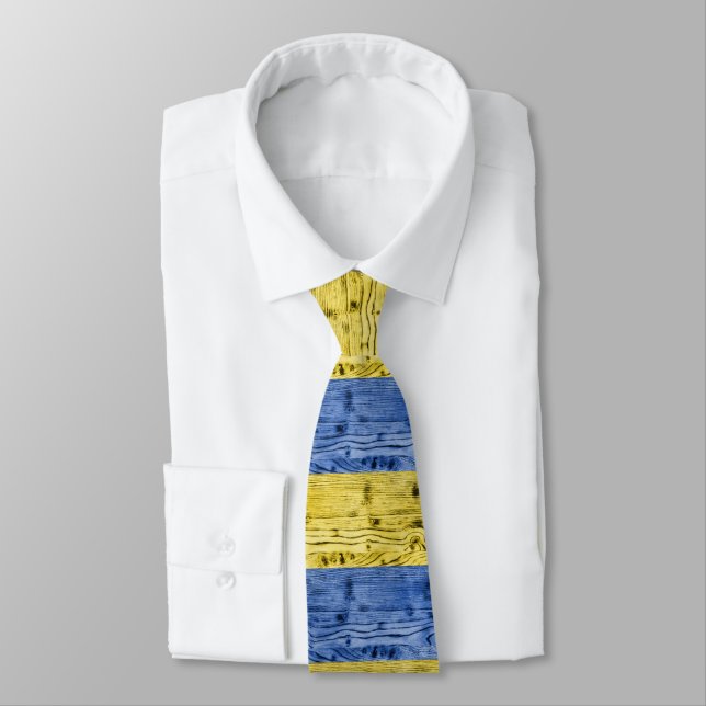 Ukraine flag yellow blue wood texture pattern neck tie (Tied)