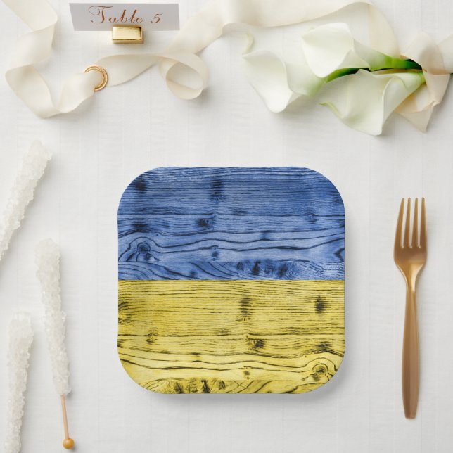 Ukraine flag yellow blue wood texture pattern paper plates (Wedding)