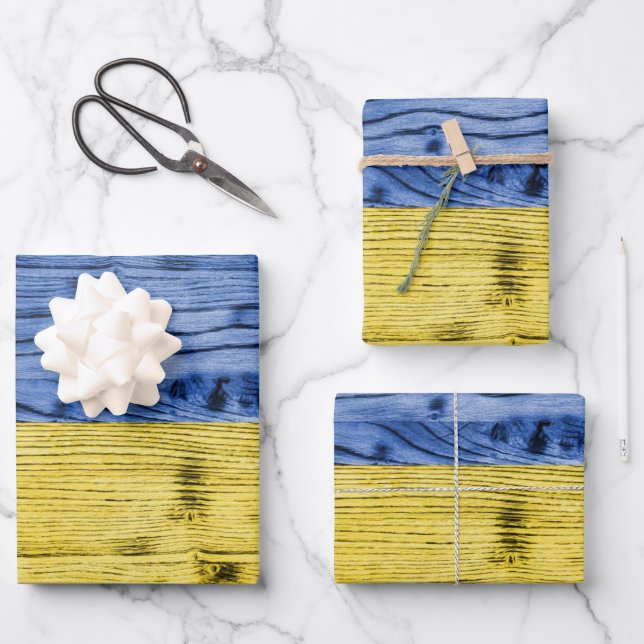 Ukraine flag yellow blue wood texture pattern wrapping paper sheets (Front)