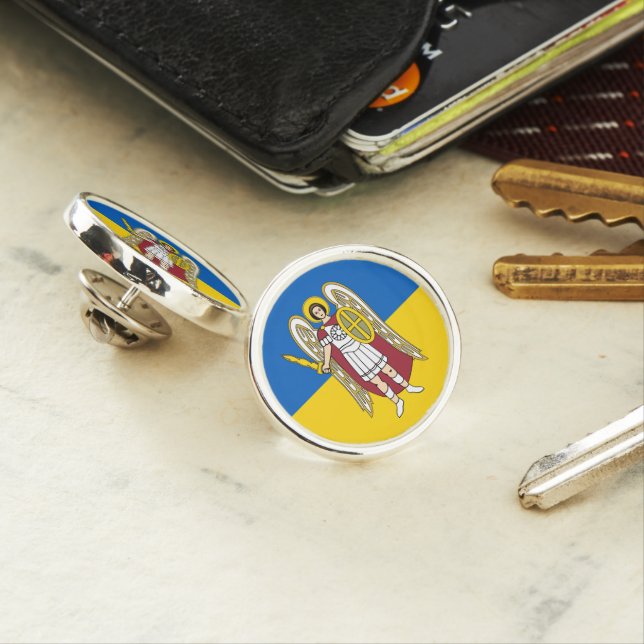 Ukraine & Kyiv City Coat of Arms, Ukrainian Flag L Lapel Pin (In Situ)