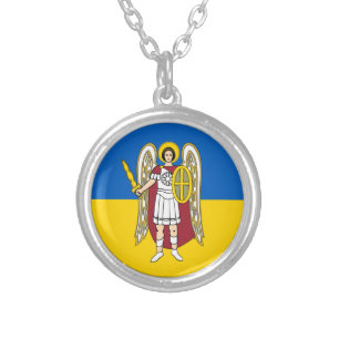 Ukraine & Kyiv City Coat of Arms, Ukrainian Flag Silver Plated Necklace