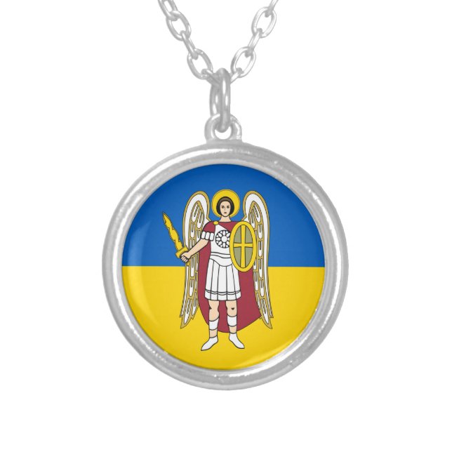 Ukraine & Kyiv City Coat of Arms, Ukrainian Flag Silver Plated Necklace (Front)