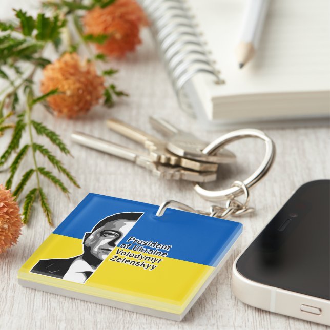 Ukraine President Zelenskyy Half Portrait B&W Art Keychain (Front Right)