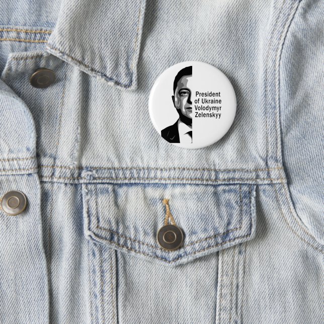 Ukraine President Zelenskyy Half Portrait B&W Button (In Situ)