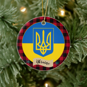 Ukraine, Red buffalo plaid & Ukrainian Flag Ceramic Ornament