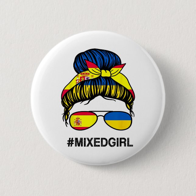 Ukraine Spain Flag Ukrainian Spanish Messy Bun  Button (Front)