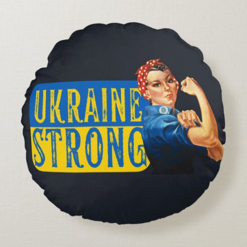 Ukraine Strong Rosie the Riveter   Round Pillow