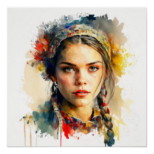 Ukraine style Girl portrait  watercolor Poster