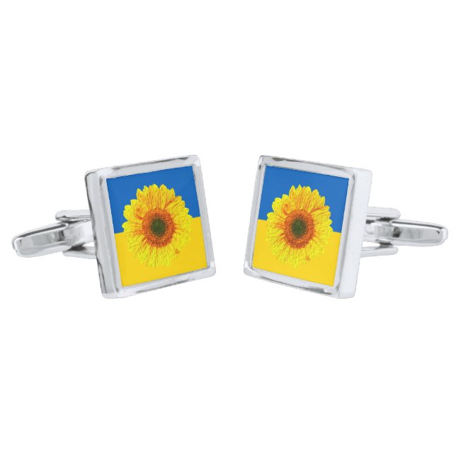 Ukraine Sunflower & Ukrainian Flag / Flower Cufflinks (Angled)