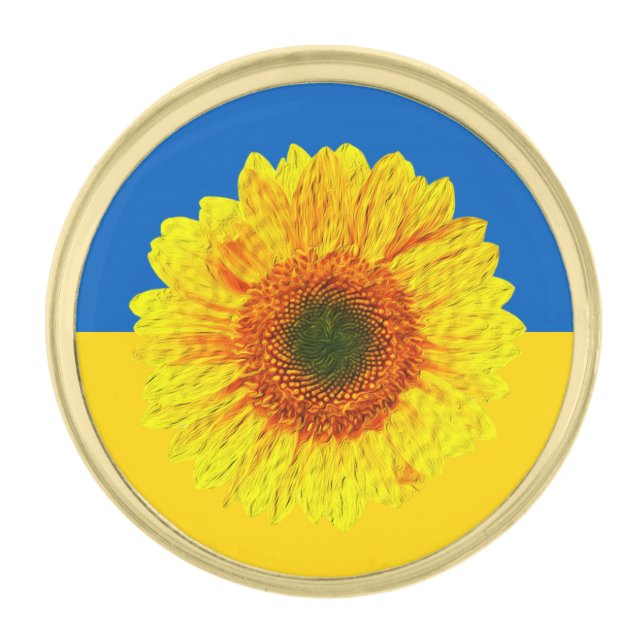 Ukraine Sunflower & Ukrainian Flag / Flower Gold Finish Lapel Pin (Front)