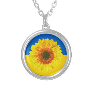 Ukraine Sunflower & Ukrainian Flag / Flower Silver Plated Necklace
