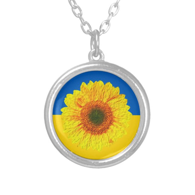 Ukraine Sunflower & Ukrainian Flag / Flower Silver Plated Necklace (Front)