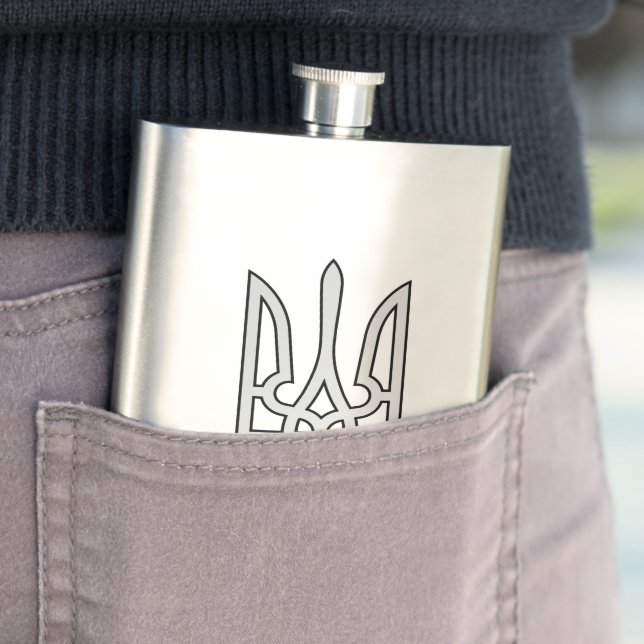 Ukraine Trident in Silver on Steel Hip Flask (In Situ)