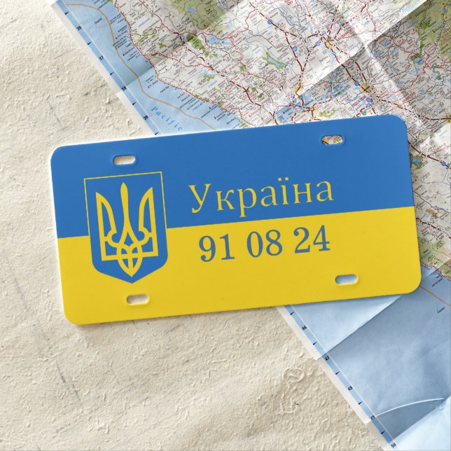 Ukraine Trident on Yellow and Blue Flag License Plate (In Situ)