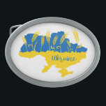 Ukraine typography and wheat ear on Ukrainian flag Belt Buckle<br><div class="desc">Map of Ukraine decorated with wheat ears in Ukrainian flag colors yellow and blue</div>