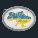 Ukraine typography and wheat ear on Ukrainian flag Belt Buckle<br><div class="desc">Map of Ukraine decorated with wheat ears in Ukrainian flag colors yellow and blue</div>