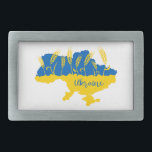 Ukraine typography and wheat ear on Ukrainian flag Belt Buckle<br><div class="desc">Map of Ukraine decorated with wheat ears in Ukrainian flag colors yellow and blue</div>