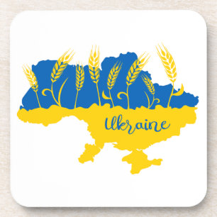Ukraine typography and wheat ear on Ukrainian flag Beverage Coaster