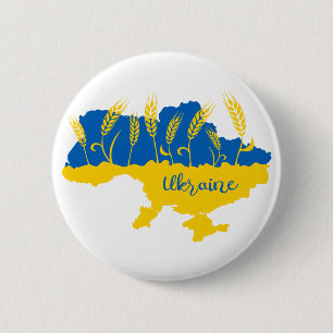 Ukraine typography and wheat ear on Ukrainian flag Button