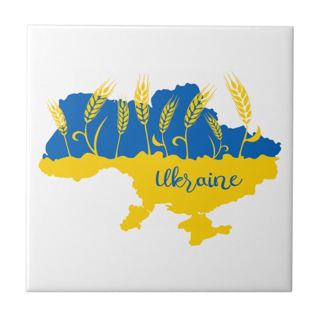 Ukraine typography and wheat ear on Ukrainian flag Ceramic Tile (Front)