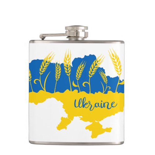 Ukraine typography and wheat ear on Ukrainian flag Flask