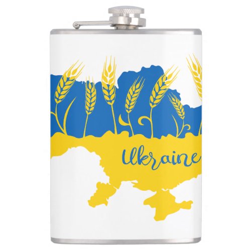 Ukraine typography and wheat ear on Ukrainian flag Flask