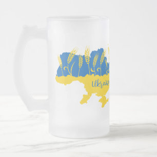 Ukraine typography and wheat ear on Ukrainian flag Frosted Glass Beer Mug