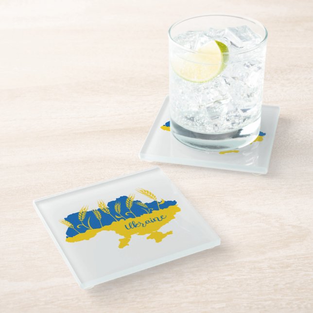 Ukraine typography and wheat ear on Ukrainian flag Glass Coaster (Angled)