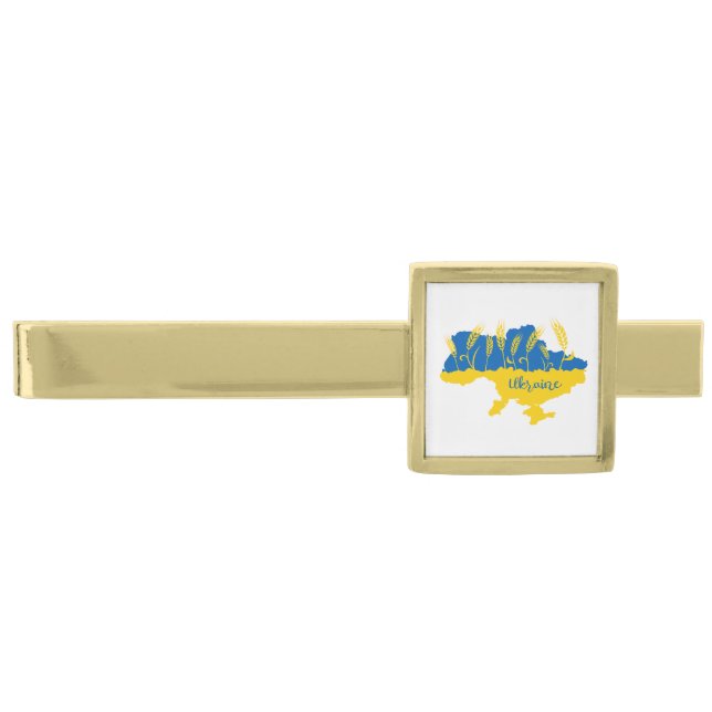 Ukraine typography and wheat ear on Ukrainian flag Gold Finish Tie Bar (Front)