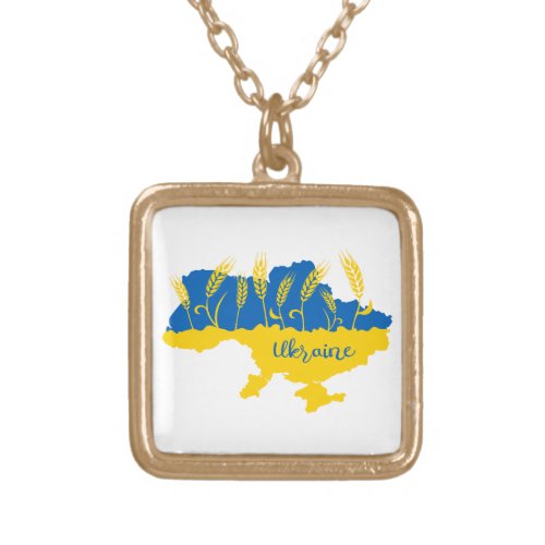 Ukraine typography and wheat ear on Ukrainian flag Gold Plated Necklace