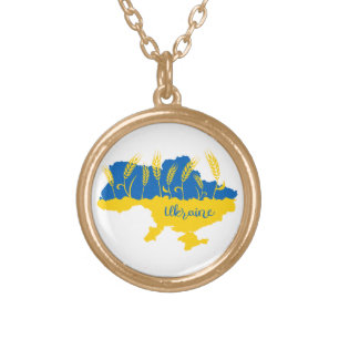 Ukraine typography and wheat ear on Ukrainian flag Gold Plated Necklace