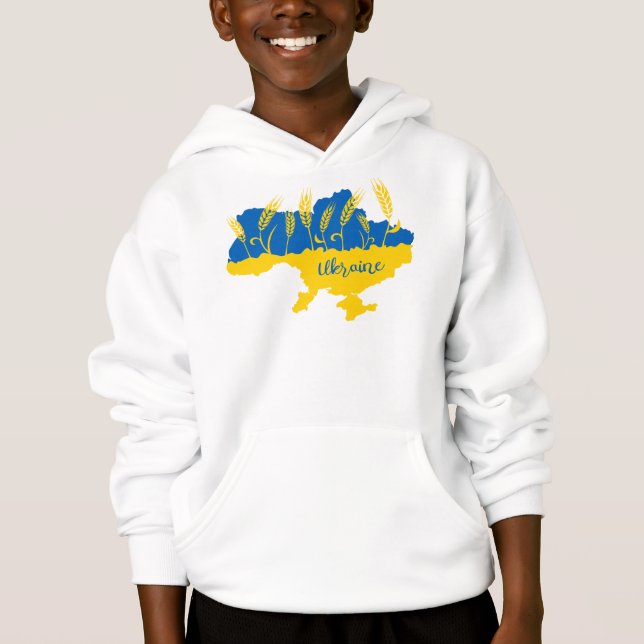Ukraine typography and wheat ear on Ukrainian flag Hoodie (Front)