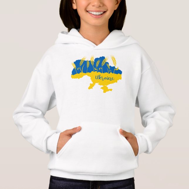 Ukraine typography and wheat ear on Ukrainian flag Hoodie (Front)