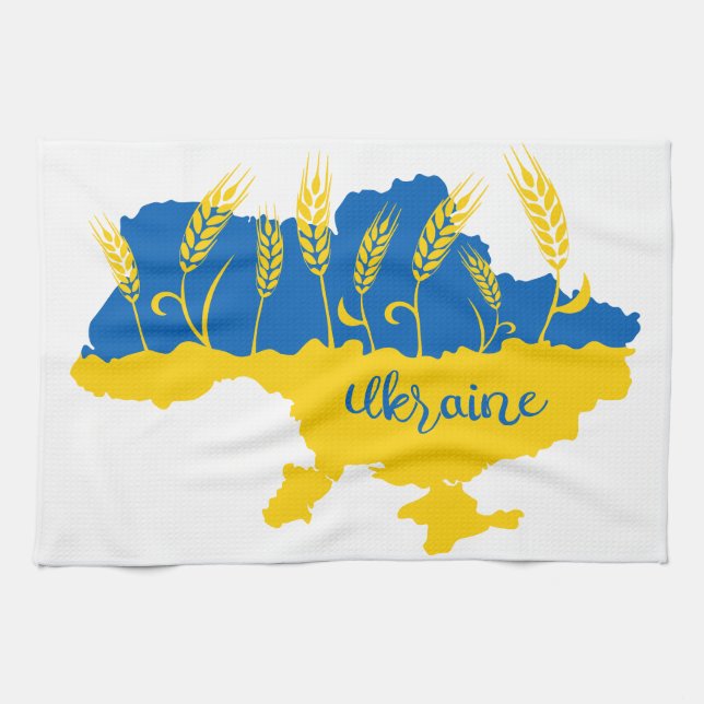 Ukraine typography and wheat ear on Ukrainian flag Kitchen Towel (Horizontal)