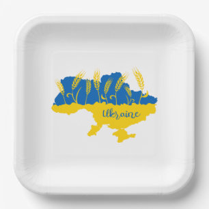 Ukraine typography and wheat ear on Ukrainian flag Paper Plates