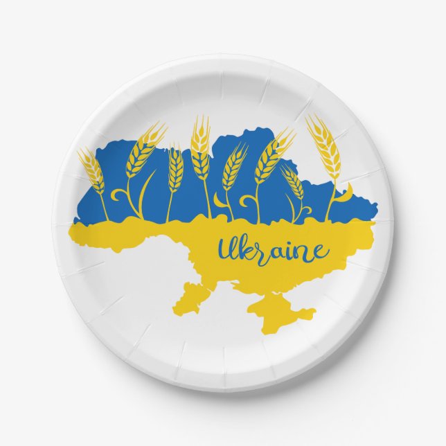Ukraine typography and wheat ear on Ukrainian flag Paper Plates (Front)