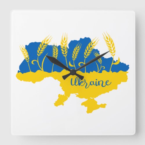 Ukraine typography and wheat ear on Ukrainian flag Square Wall Clock