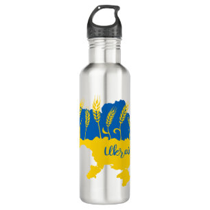 Ukraine typography and wheat ear on Ukrainian flag Stainless Steel Water Bottle