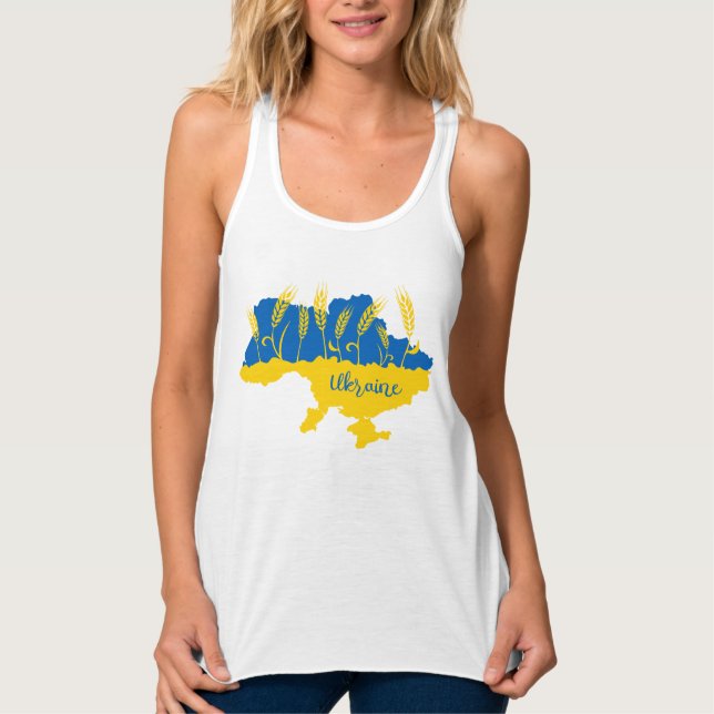 Ukraine typography and wheat ear on Ukrainian flag Tank Top (Front)