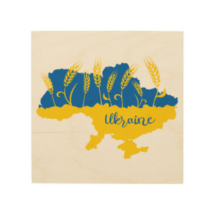 Ukraine typography and wheat ear on Ukrainian flag Wood Wall Art