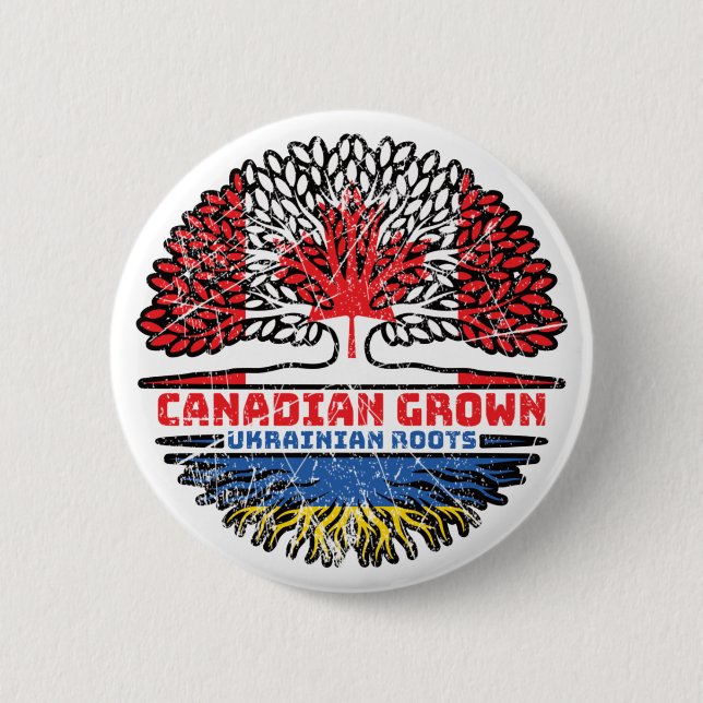Ukraine Ukrainian Canadian Canada Tree Roots Flag Button (Front)